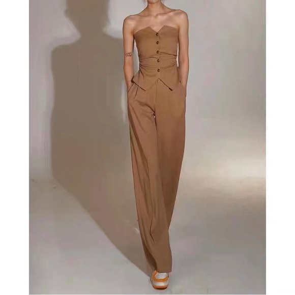 Pants - Strapless Tailored Jumpsuit in Camel